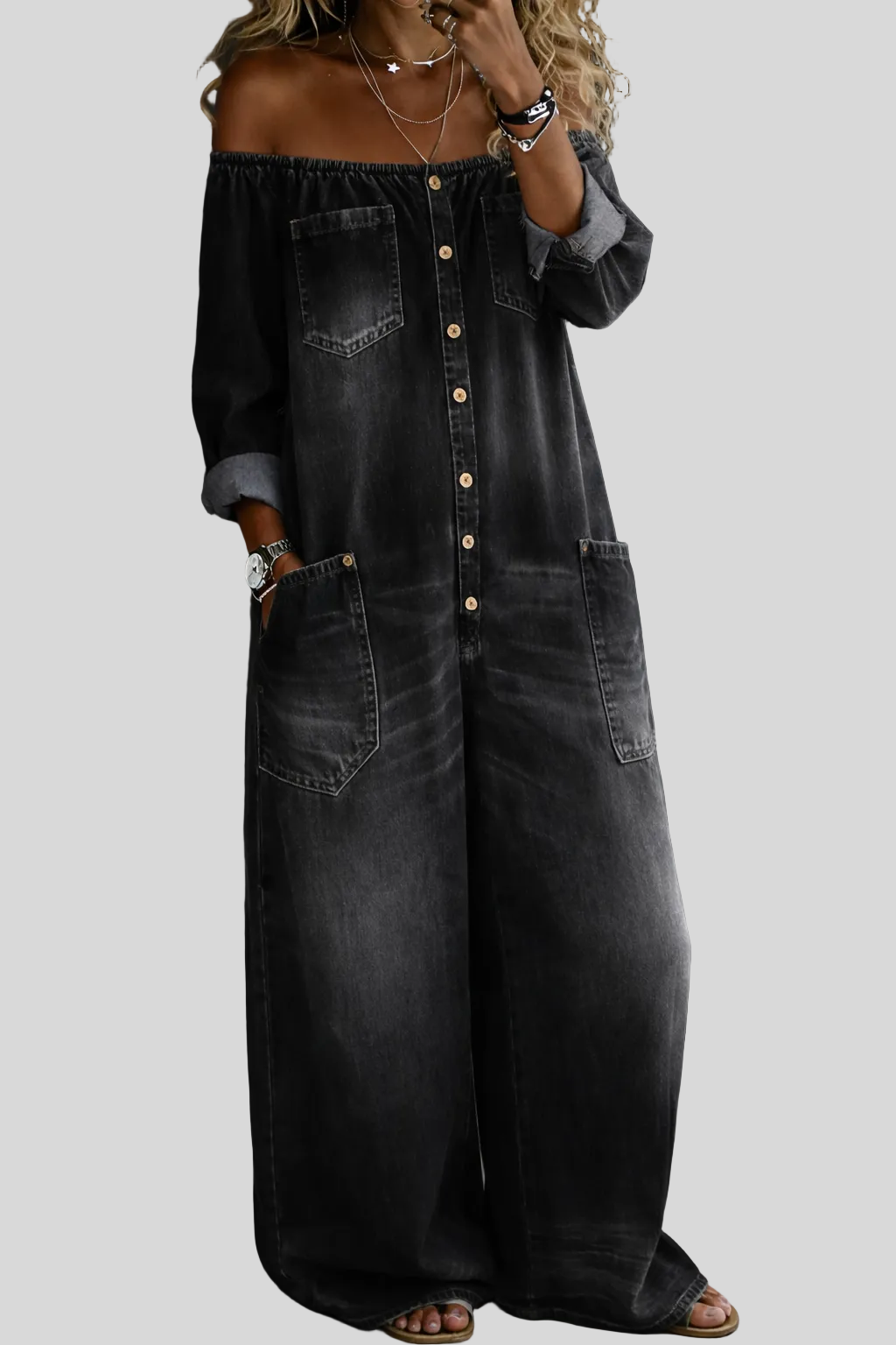 Elena - Combinaison denim épaules dénudées