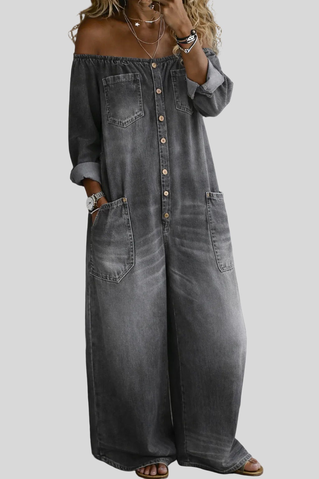 Elena - Combinaison denim épaules dénudées