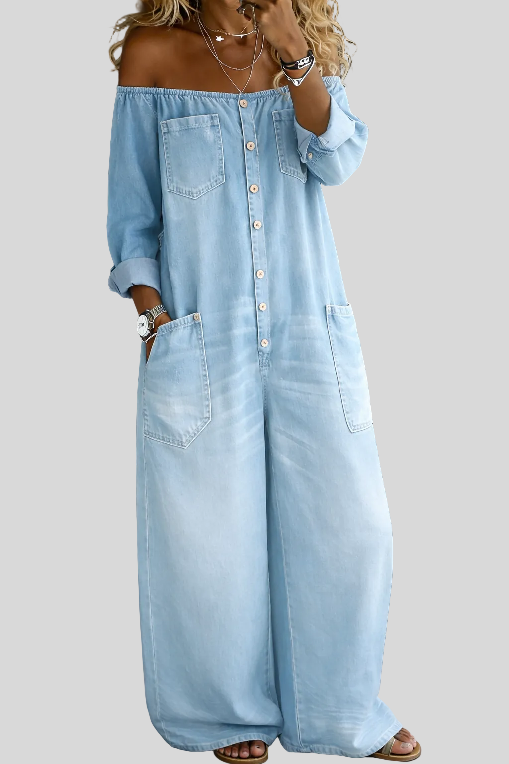 Elena - Combinaison denim épaules dénudées