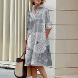 Vestido de manga comprida com estampa 3D feminino, vestido de verão, lapela, bolso de botão, festa noturna
