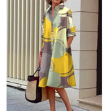Camisa Elegante de Manga Longa com Estampa para Mulheres, Vestido Casual Solto com Bolso e Botões para Primavera e Verão
