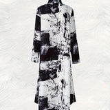 Vestido de Manga Longa com Estampa Abstrata em Preto e Branco para Mulheres, Estilo Casual de Verão para Férias