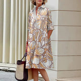 Vestido de manga comprida com estampa 3D feminino, vestido de verão, lapela, bolso de botão, festa noturna