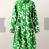 Camisa Elegante de Manga Longa com Estampa para Mulheres, Vestido Casual Solto com Bolso e Botões para Primavera e Verão