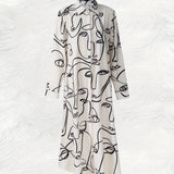 Vestido Midi de Manga Longa com Estampa Abstrata de Rosto para Mulheres, Estilo de Férias, Vestido Casual de Verão, Ajuste Solto e Elegante em Corte A