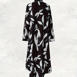 Vestido Casual Feminino de Manga Longa com Estampa de Folhas em Preto e Branco, Estilo de Férias, Vestido de Verão Solto e Fluido Midi