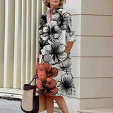 Vestido de manga comprida com estampa 3D feminino, vestido de verão, lapela, bolso de botão, festa noturna