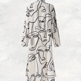 Vestido Midi de Manga Longa com Estampa Abstrata de Rosto para Mulheres, Estilo de Férias, Vestido Casual de Verão, Ajuste Solto e Elegante em Corte A