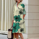Vestido de manga comprida com estampa 3D feminino, vestido de verão, lapela, bolso de botão, festa noturna