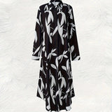 Vestido Casual Feminino de Manga Longa com Estampa de Folhas em Preto e Branco, Estilo de Férias, Vestido de Verão Solto e Fluido Midi