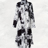 Vestido de Manga Longa com Estampa Abstrata em Preto e Branco para Mulheres, Estilo Casual de Verão para Férias