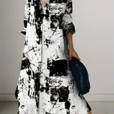 Vestido de Manga Longa com Estampa Abstrata em Preto e Branco para Mulheres, Estilo Casual de Verão para Férias