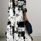 Vestido de Manga Longa com Estampa Abstrata em Preto e Branco para Mulheres, Estilo Casual de Verão para Férias