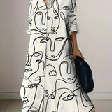 Vestido Midi de Manga Longa com Estampa Abstrata de Rosto para Mulheres, Estilo de Férias, Vestido Casual de Verão, Ajuste Solto e Elegante em Corte A