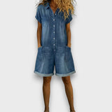 Joan - Salopette courte en coton effet denim