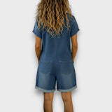 Joan - Salopette courte en coton effet denim