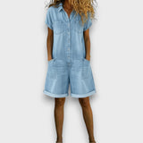 Joan - Salopette courte en coton effet denim