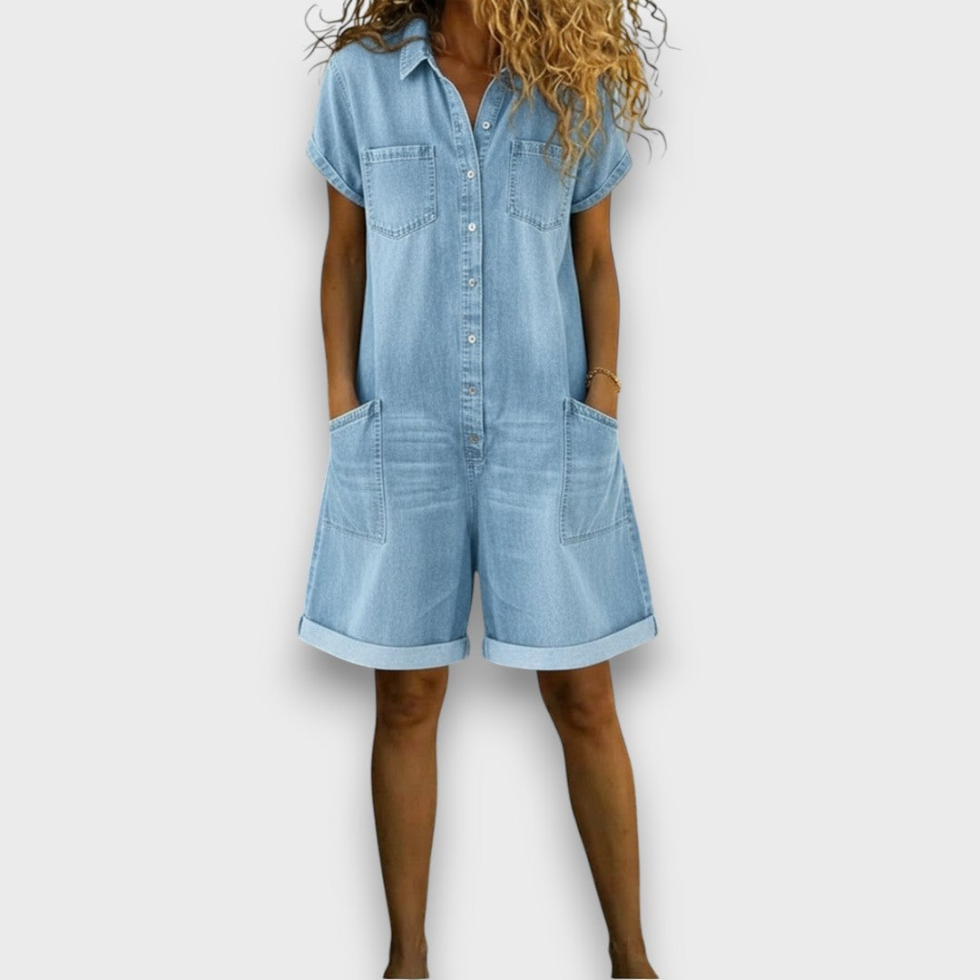 Joan - Salopette courte en coton effet denim